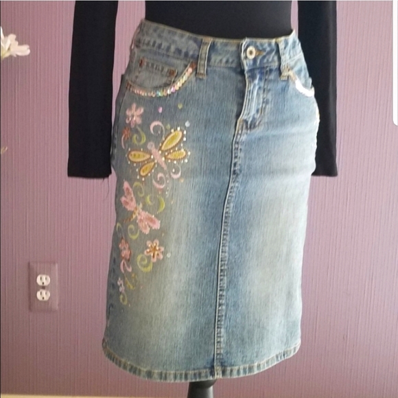Angels Embroidered Floral Denim Pencil Skirt - Picture 1 of 17